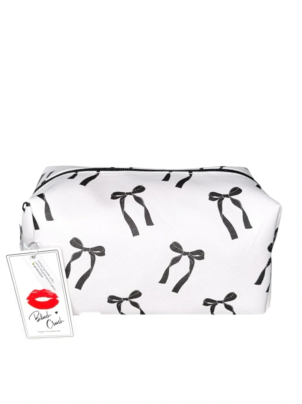 Blush Crush White Cosmetic Zip Top Pouch with Black Bow Print